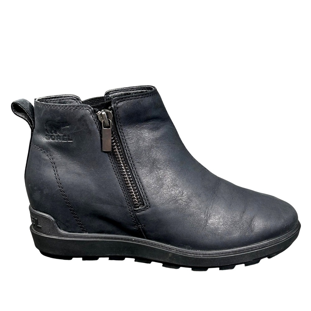 Sorel Evie II Zip Black Leather Waterproof Wedge Zipper Ankle Boots‎ Womens 8.5